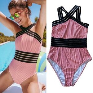 Aava Sevilla Crossover One Piece Swimsuit Red White Stripe Size Medium